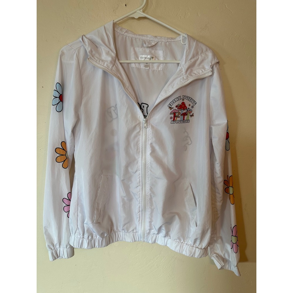 Orange Kiss Think Positive Mushroom Windbreaker Jacket White Floral Hooded Med